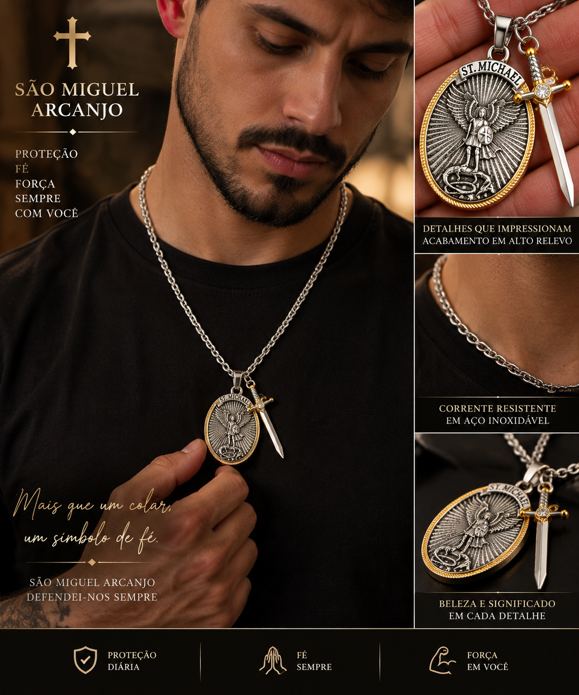 Colar de São Miguel Arcanjo no pescoço